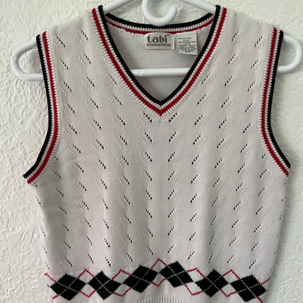 Tabi International vintage cropped White Argyle Knit Vest 100% cotton